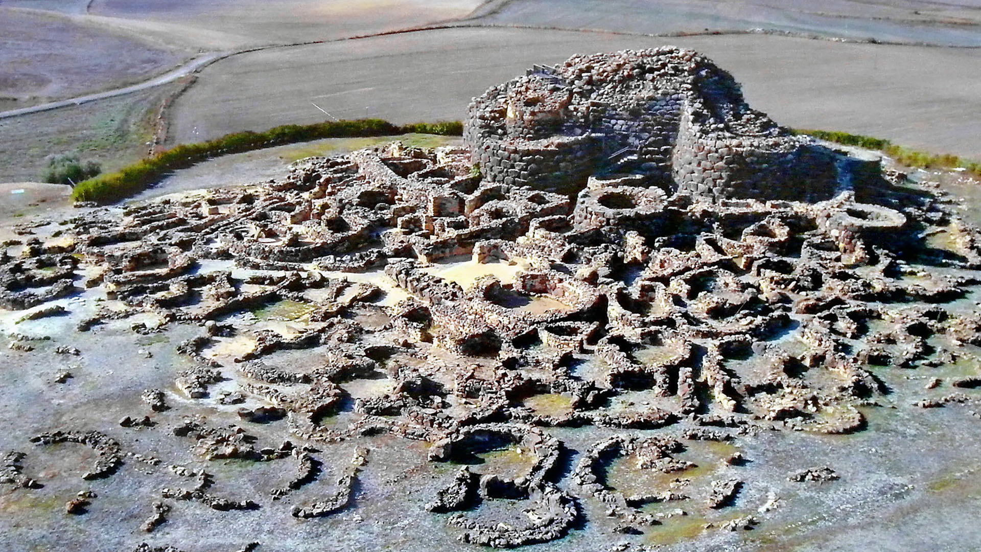Panoramic view of Su Nuraxi at sunset